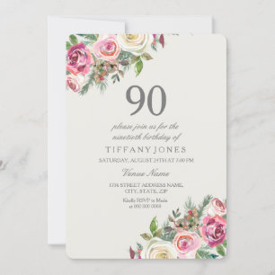Invitation Roses rose et blanc Floral 90e anniversaire Invita