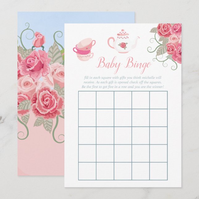 Invitation Roses rose Floral Tea Party Baby shower Bingo bébé (Devant / Derrière)