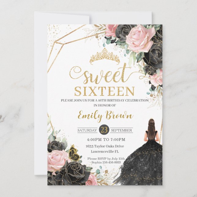 Invitation Roses rose noire Floral Princesse Sweet sixteen (Devant)