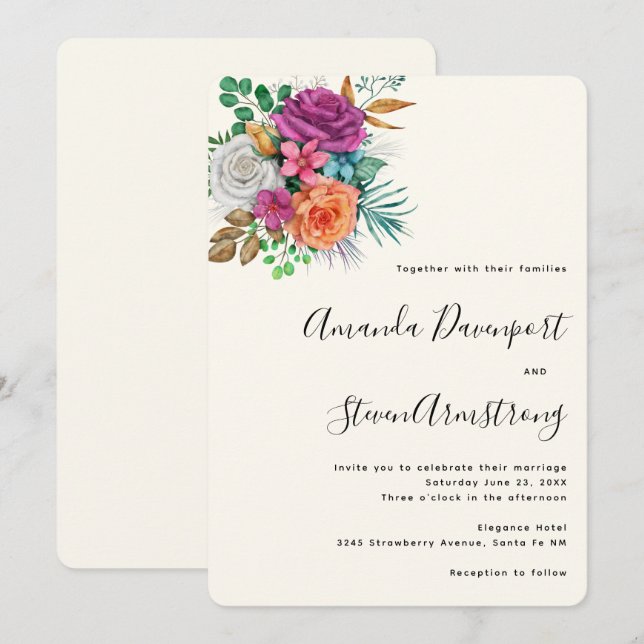 Invitation Roses rose, orange et blanche Mariage de bouquet f (Devant / Derrière)