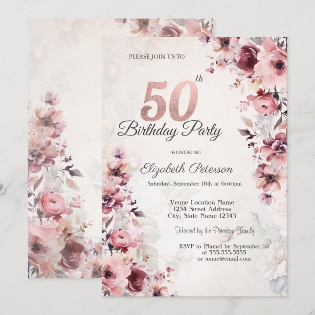 Invitation Roses rose pâle 50e anniversaire (Devant / Derrière)