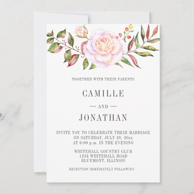 Invitation Roses rose pâle Verdure Aquarelle Mariage floral (Devant)