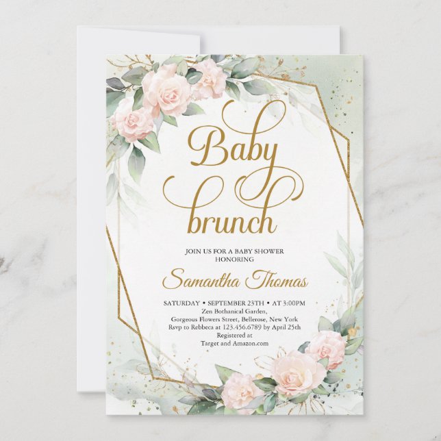 Invitation Roses rose pâle verdure et brunch de bébé doré (Devant)
