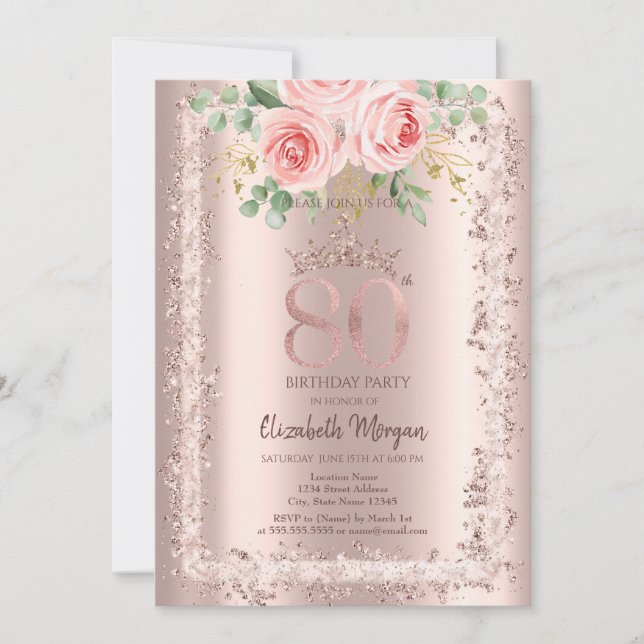 Invitation Roses, Rose Parties scintillant or cadre Couronne  (Devant)