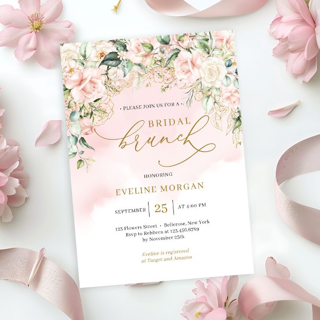 Invitation Roses rose pastel doux & brunch de mariée or (Ethereal pale pink roses sage greenery and gold bridal brunch invitation )