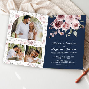 Invitation Roses Rose Poussiéreux Code QR Mariage Bleu Nuit