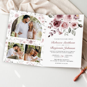 Invitation Roses Rose Poussiéreux Tout en Un Code QR Mariage