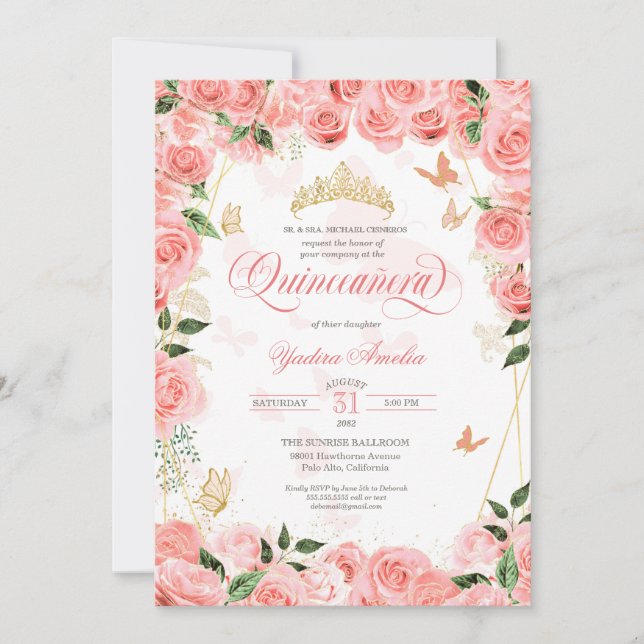 Invitation Roses rose vierge élégant papillon Quinceanera Inv (Devant)