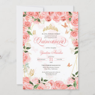 Invitation Roses rose vierge élégant papillon Quinceanera Inv