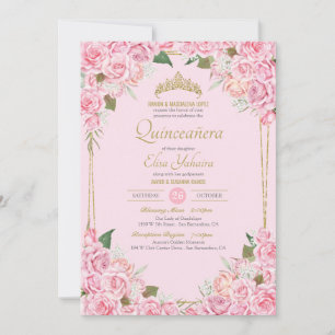 Invitation Roses roses blanches et or Tiara Floral Quinceaner
