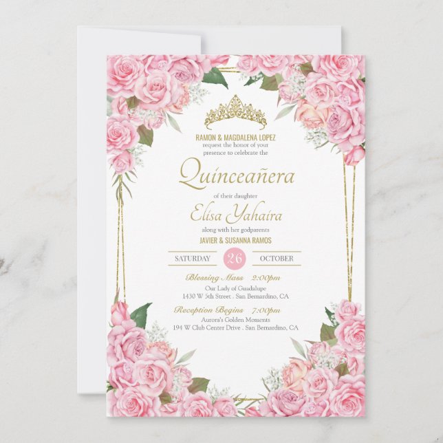 Invitation Roses roses blanches et or Tiara Floral Quinceaner (Devant)