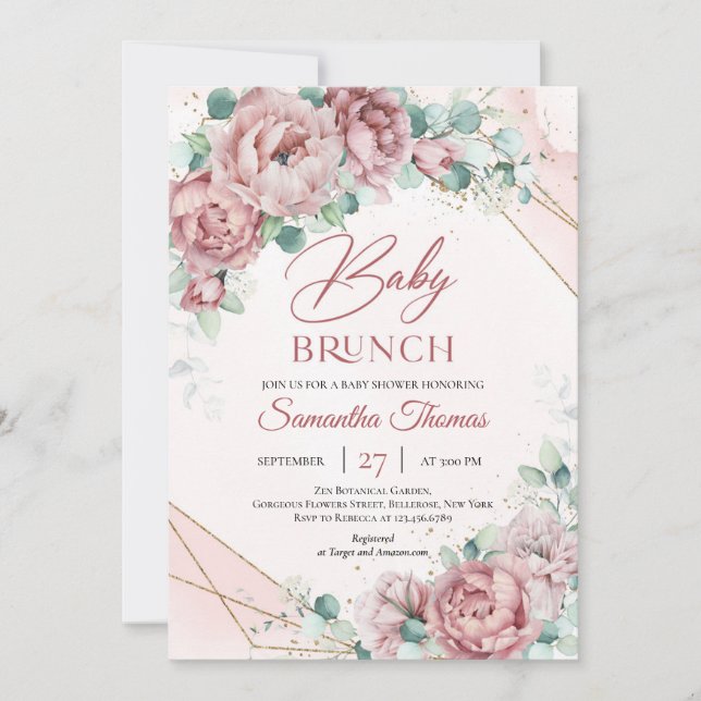 Invitation Roses roses blanches eucalyptus cadre or cadre béb (Devant)