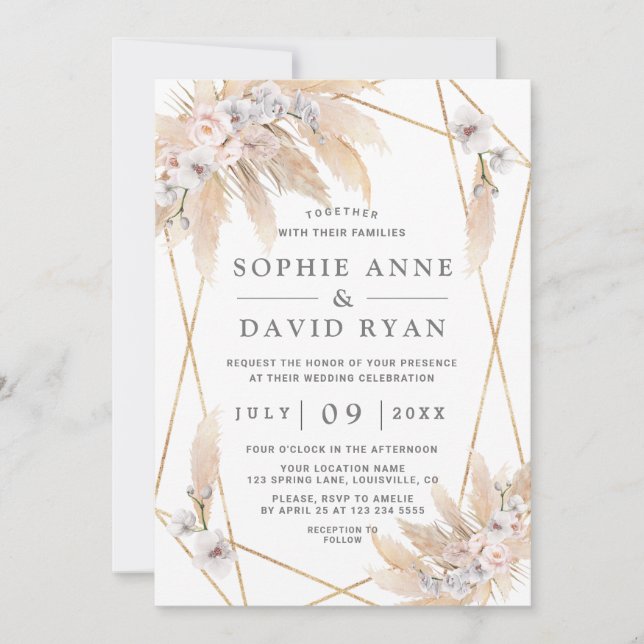 Invitation Roses roses blanches Orchidée Pampas Mariage d'or  (Devant)