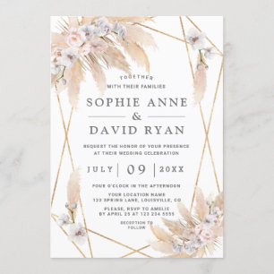 Invitation Roses roses blanches Orchidée Pampas Mariage d'or 