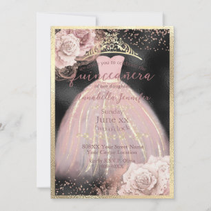 Invitation Roses roses blanches sur BLack & Gold Quinceañera