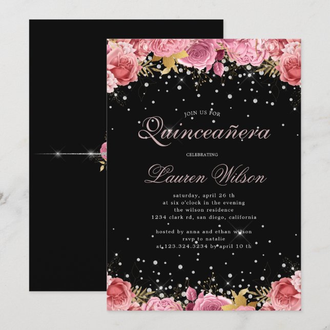 Invitation roses roses carreaux élégant Quinceanera Invitatio (Devant / Derrière)