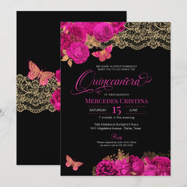 Invitation Roses roses chauds et papillon de dentelle Quincea (Devant / Derrière)