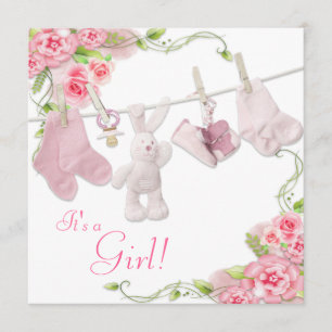 Invitation Roses roses Clothesline bébé fille douche Invitati