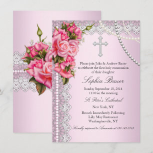Invitation Roses roses croix sainte communion ou baptême