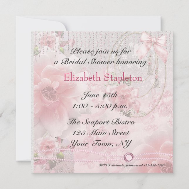 Invitation Roses roses, dentelle et perles (Devant)