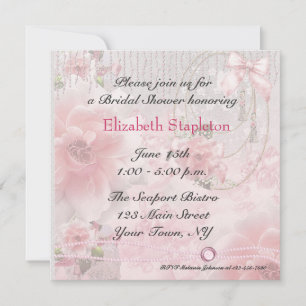 Invitation Roses roses, dentelle et perles