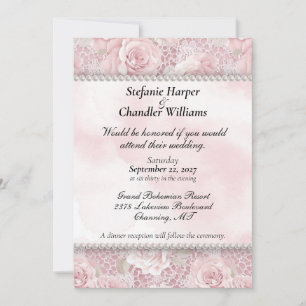Invitation Roses roses, dentelle et perles Mariage