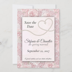 Invitation Roses roses, dentelle et perles roses Sauvez la da