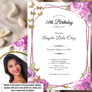 Invitation Roses roses dorées Papillons 18e Début Anniversair