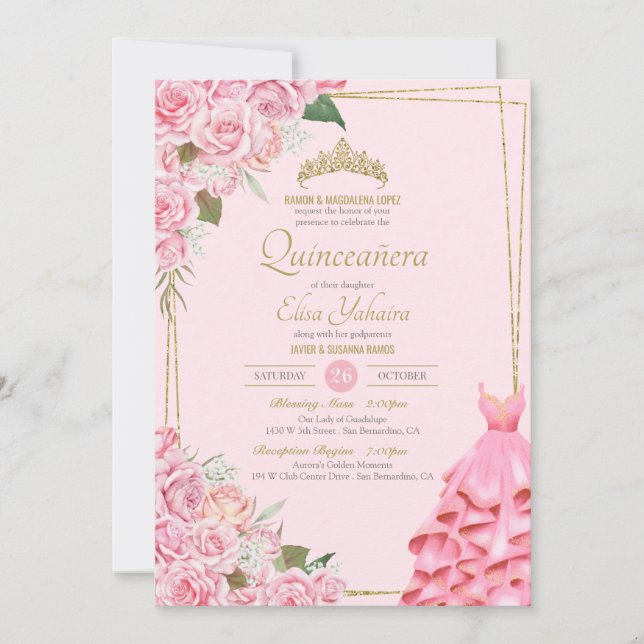 Invitation Roses roses douces Blush et Quinceanera Florale Or (Devant)