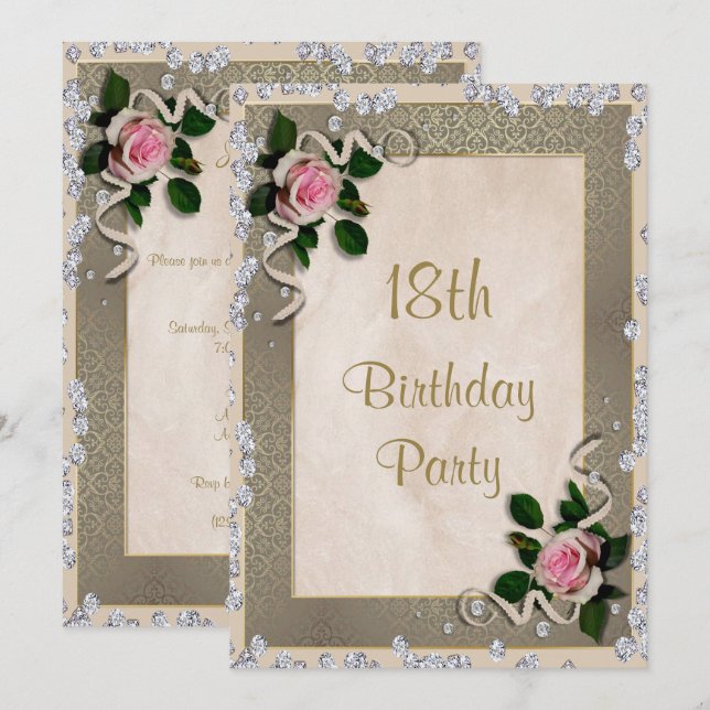 Invitation Roses roses élégantes encadrées 18e anniversaire (Devant / Derrière)