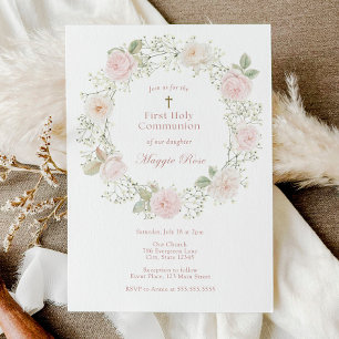Invitation Roses roses et Bébé Respirer Première Communion sa
