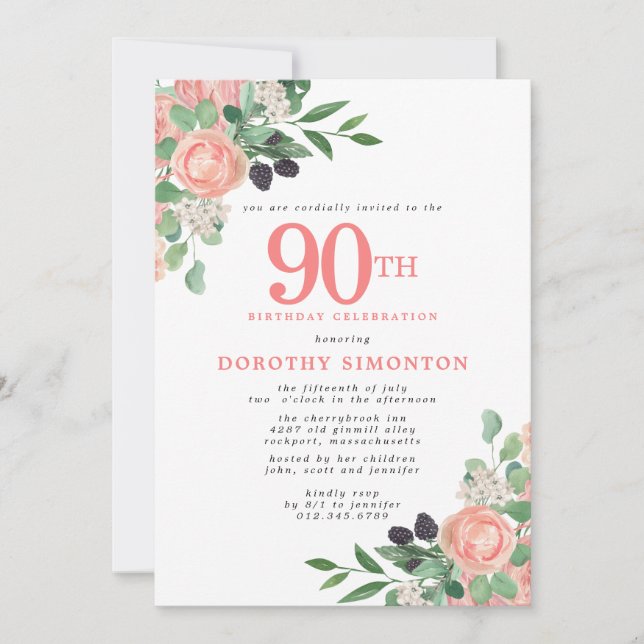 Invitation Roses roses et fleurs blanches 90e anniversaire (Devant)