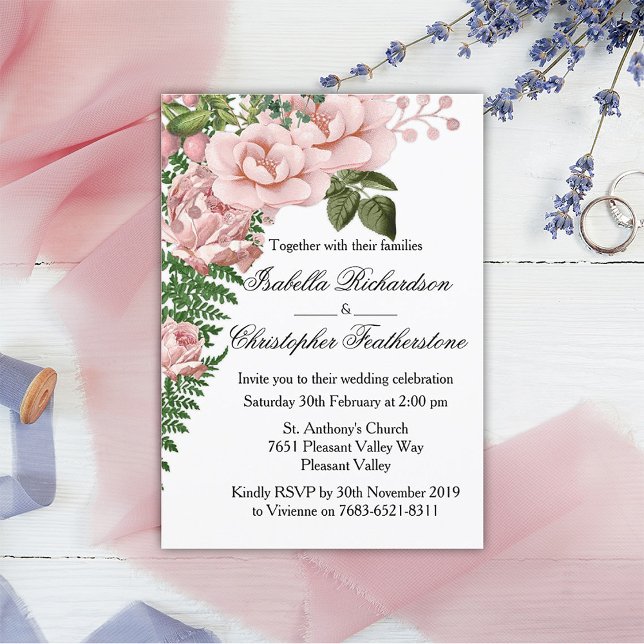 Invitation Roses roses et Mariages de fougères roses (Créateur téléchargé)