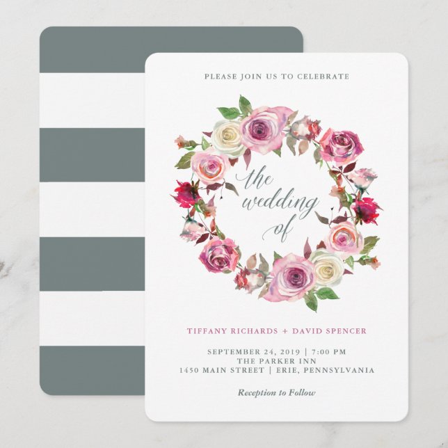 Invitation Roses roses et rayures gris chic | Mariage Wreath (Devant / Derrière)