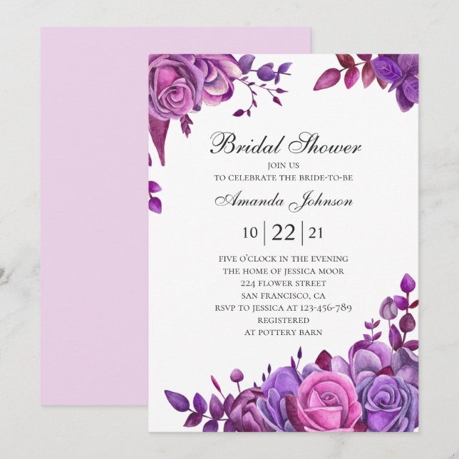 Invitation Roses roses et violets. Douche de nuptiale lilas f (Devant / Derrière)