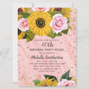 Invitation Roses roses jaunes paillettes dorées 40e anniversa
