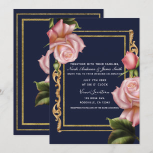 Invitation Roses roses Marine Mariage moderne bleu et or