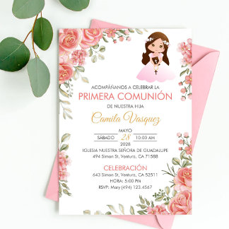 Invitation Roses roses mignonnes Première communion Espagnol