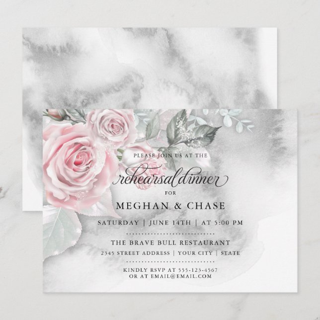 Invitation Roses roses modernes Aquarelle gris BarefootBride™ (Devant / Derrière)