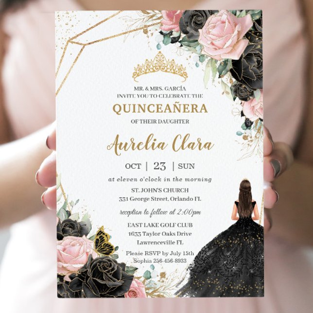 Invitation Roses roses noires Florales Quinceañera Sweet sixt (Créateur téléchargé)