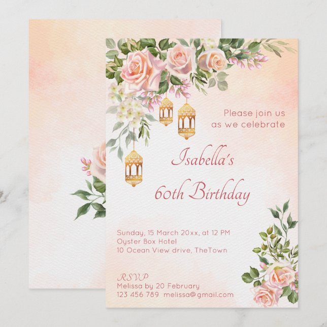 Invitation Roses roses pastel crème avec lanternes marocaines (Devant / Derrière)