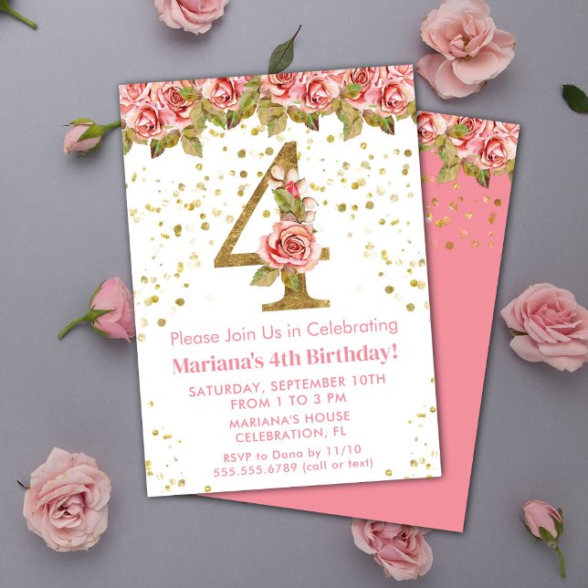 Invitation Roses roses rose Floral 4e fête d'anniversaire (Créateur téléchargé)