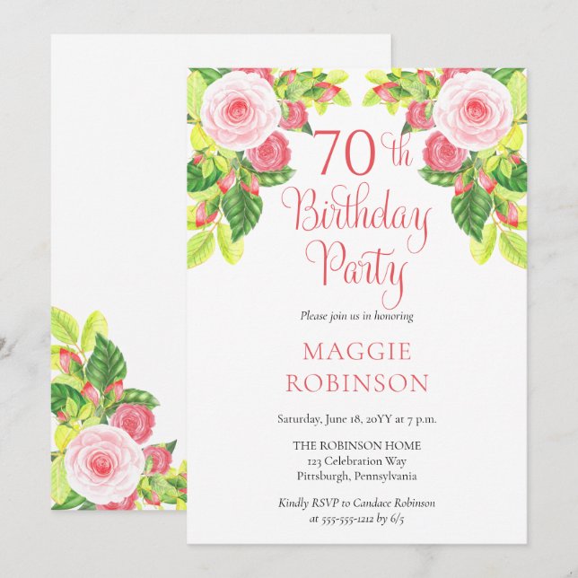 Invitation Roses roses rose Floral 70e fête d'anniversaire (Devant / Derrière)