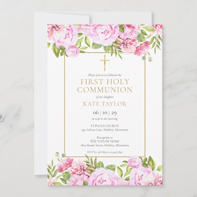 Invitation Roses roses rose Floral Première Communion sainte (Devant)