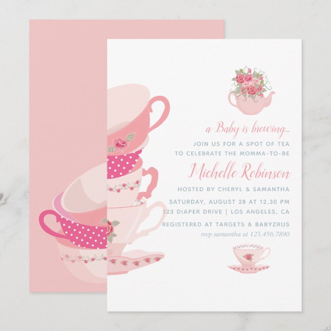 Invitation Roses roses rose Floral Tea Party Baby shower Invi (Devant / Derrière)