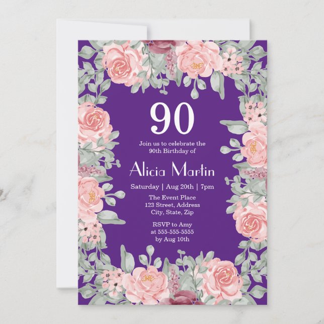 Invitation Roses roses rose Flore Vert pourpre 90e anniversai (Devant)