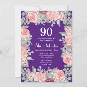 Invitation Roses roses rose Flore Vert pourpre 90e anniversai