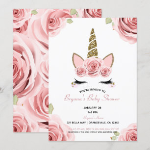 Invitation Roses roses rose Parties scintillant or Unicorn Ba