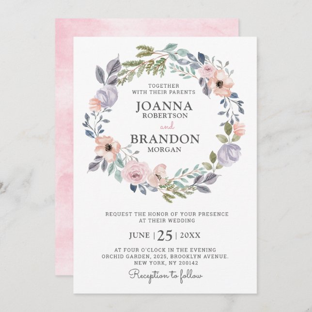 Invitation Roses roses rose poussiéreuses Mariage floral mi-é (Devant / Derrière)