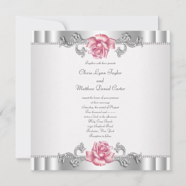 Invitation Roses Roses Roses Argent Blanc Rose Élégant Mariag (Devant)